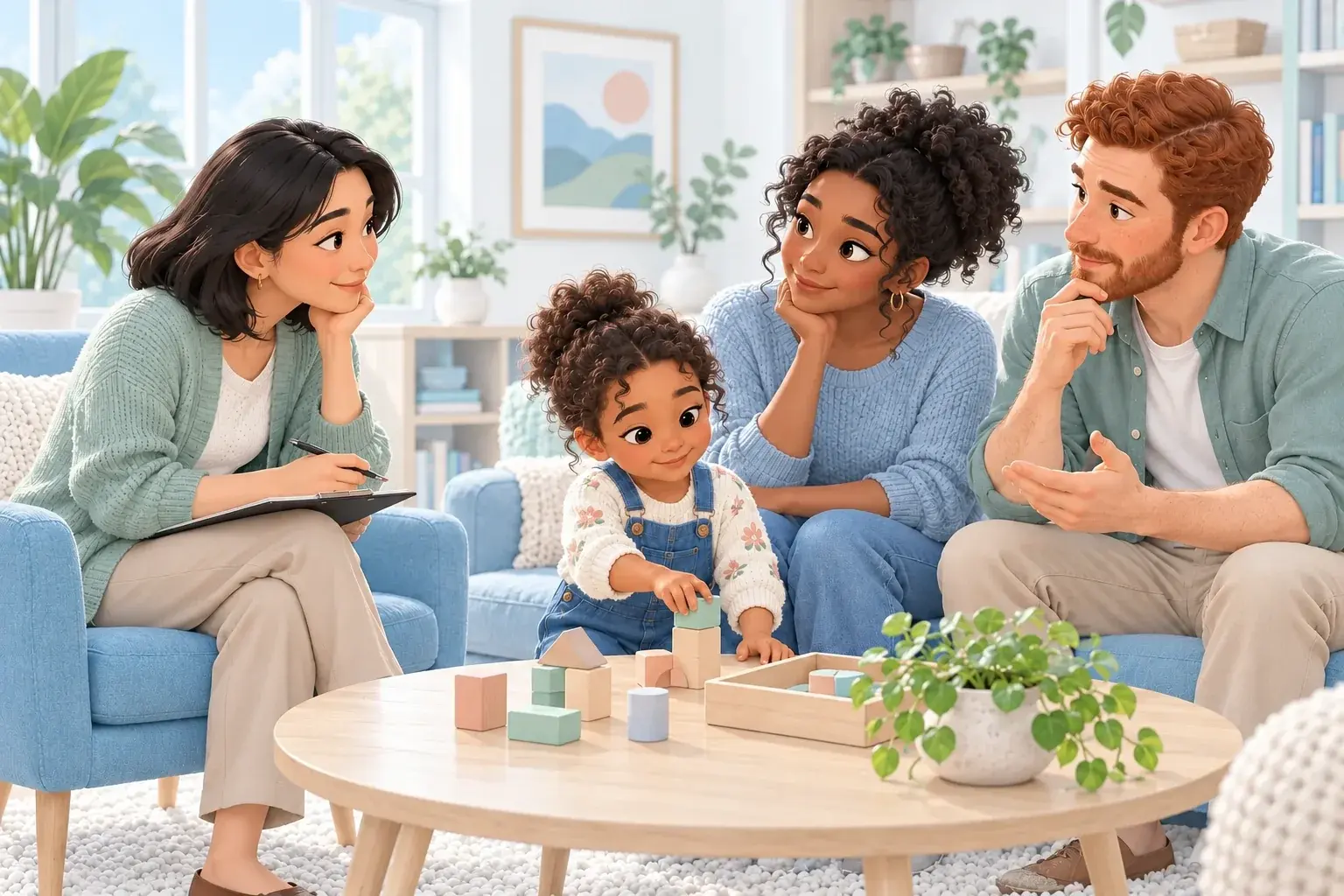 Illustration of parents talking with a therapist while their daughter explores wooden blocks.