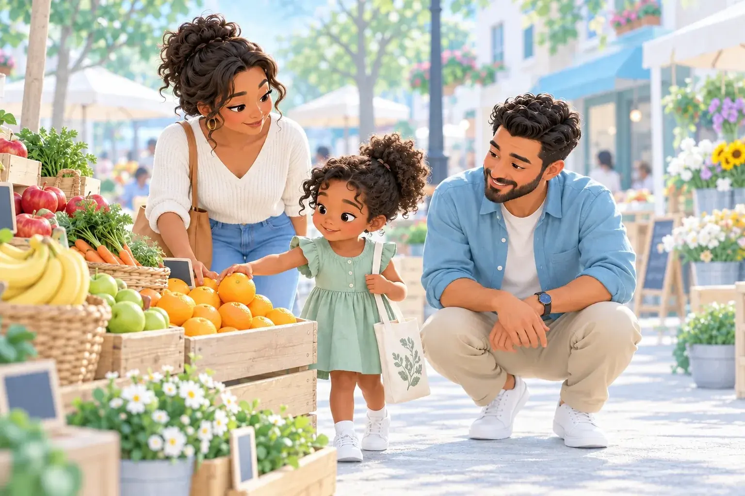 Illustration of a girl choosing fruit at a neighborhood market with support from two adults.
