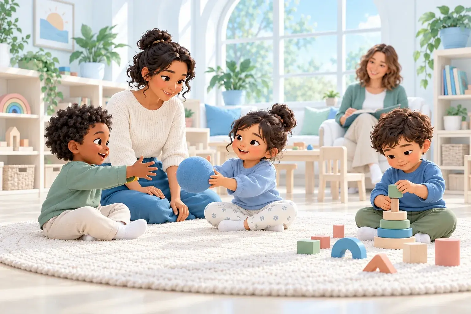 Illustration of young children playing with a ball and wooden toys alongside a therapist in a daycare classroom.