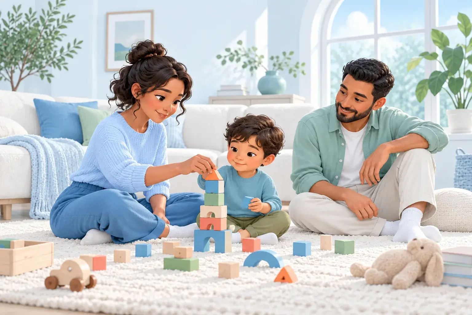 Illustration of a child building with blocks at home beside a therapist and parent.