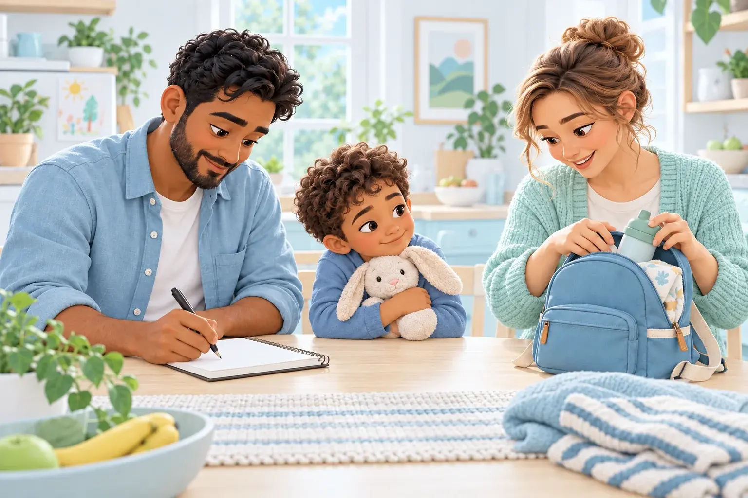 Illustration of parents preparing notes and a backpack for their child's first appointment.