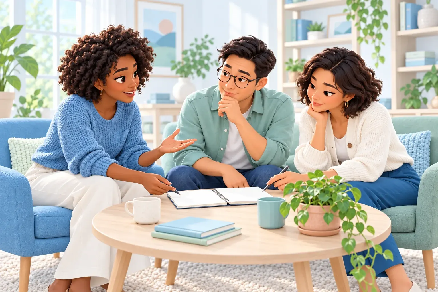Illustration of three care team members talking together around a table.