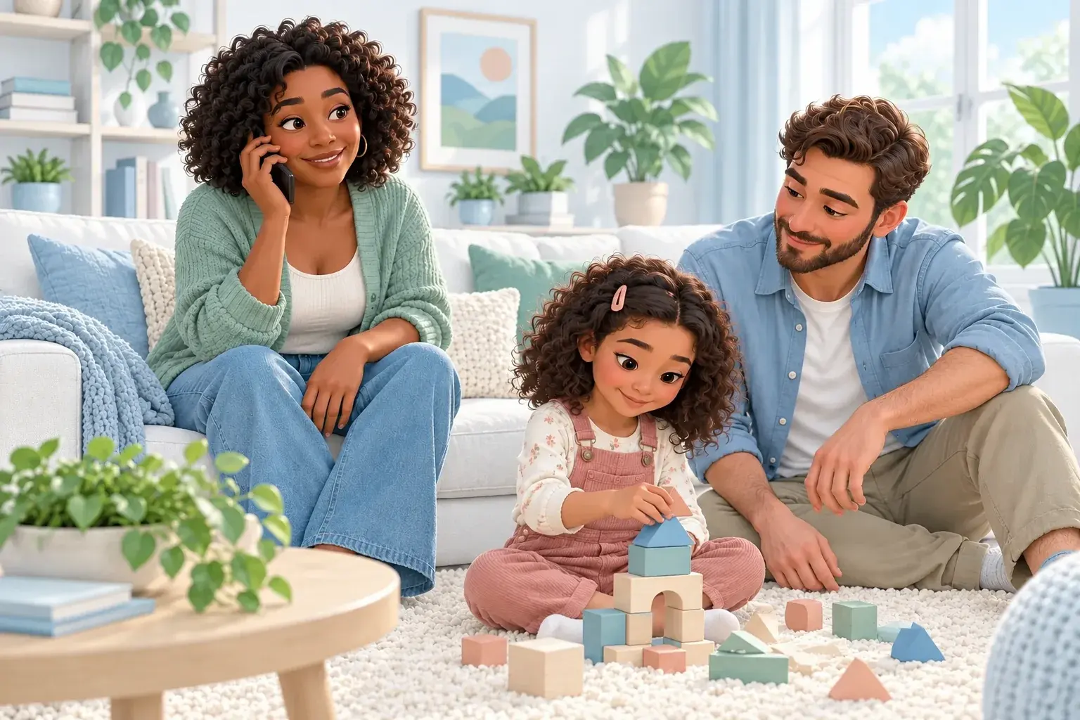 Illustration of a mother on the phone while her daughter builds with blocks beside her father.