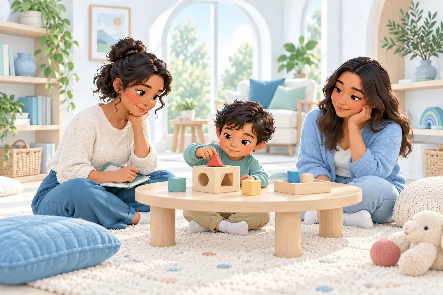Illustration of a child exploring a shape sorter while a clinician and parent observe nearby.