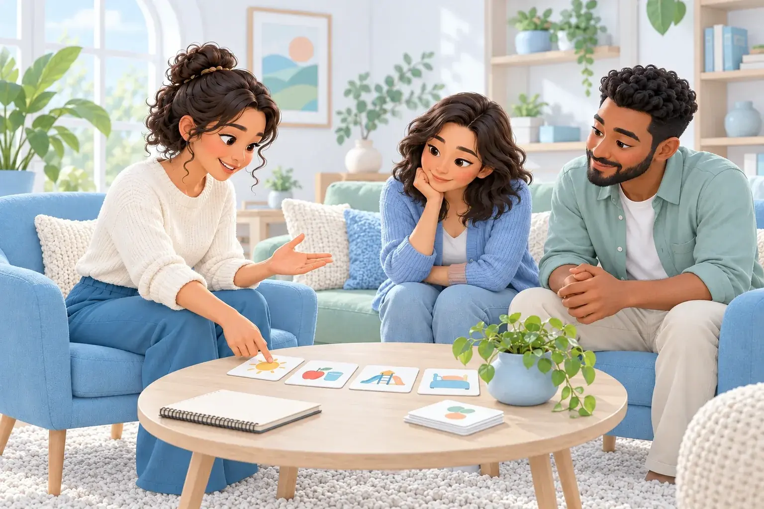 Illustration of parents and a therapist discussing everyday routines with picture cards.